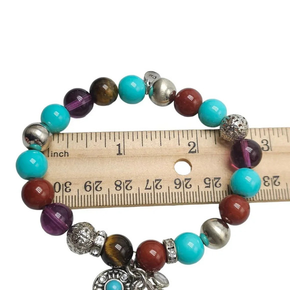 RJ Graziano Cn Blue Turquoise Multicolor Beads Tassel Charm Stretch Bracelet VTG - Picture 6 of 6